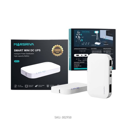 Marsriva Smart Mini DC UPS with packaging and specifications on a white background